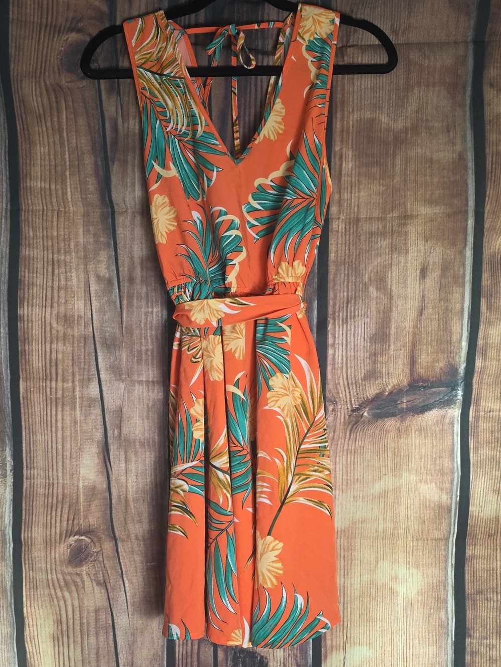 SHEIN Orange Tropical Large Print V-Neck Midi Dress